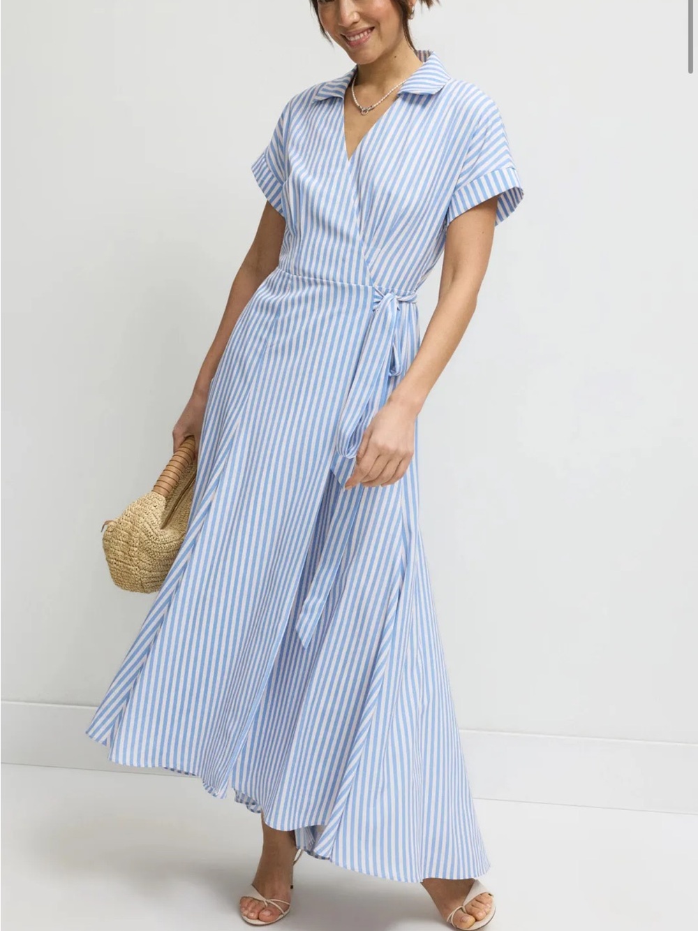 Hutch Sz S Dress Jonnie Wrap Maxi Blue striped Short Sleeve Preppy Anthropologie